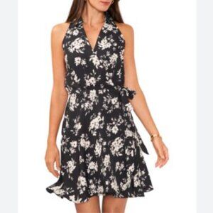 NEW Vince Camuto Mini Wrap Dress Womens XL Floral-Print Collared Rich Black